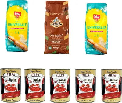 Produktbild von Caputo Schär Mix it Universale Miscela di farine Gluten-frei Mehl 3x 1Kg + und Italian Gourmet Polpa di pomodoro Fein gehacktes Tomatenmark 5x 400g
