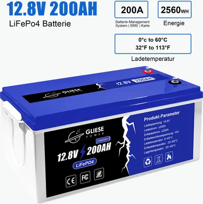 Produktbild von Solarbatterie 12V 200Ah Lithium Batterie,Max. 2560W Lastleistung mit BMS,4000-15000 Zyklen und 10 Jahre Batterielebensdauer, Perfekt für Wohnmobil, Camping