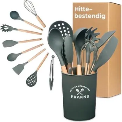 Produktbild von Famanu Küchenutensilien Set Grau - 8-teilig mit hitzebeständigem Holzgriff