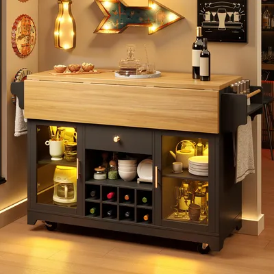 Productafbeelding van Keukeneiland met RGB LED-verlichting, uitschuifbaar aan beide zijden, keukentrolley met mobiel wijnrek, keukenbuffet, zwart