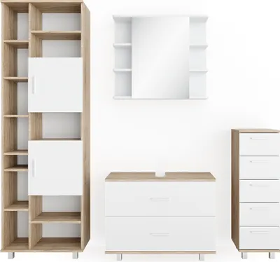 Produktbild von Badmöbel-Set Vicco Ilias Weiß/Sonoma 4 Teile, mit Hochschrank, Model 34656