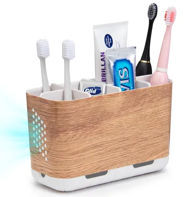 Produktbild von Zahnbürstenhalter 6‑Fach mit verstellbarer Trennwand – Kunststoff – Holzoptik