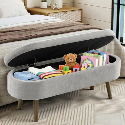 Produktbild von Weiche Chenille-Aufbewahrungsbank grau, Holzbeine & Massivholzrahmen, 20L Stauraum, 110x40x42 cm – für Schlafzimmer, Wohnzimmer & Flur (Schuhbank)
