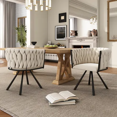 Produktbild von Samt-Esszimmerstuhl 2er Set Drehstuhl 360 Grad Metallbeine Beige