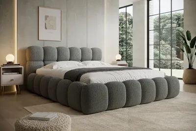 Produktbild von Polsterbett NUVIO 180x200 cm – Modernes Bouclé-Doppelbett mit gepolstertem Kopfteil Grau – 180x200x87 cm