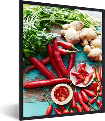 Produktbild von MuchoWow® MuchoWow® Gerahmtes Poster Gewürze auf Holzsockel 60x80 cm - Poster mit zchwarzem Bilderrahmen - Premium - Wanddeko Wohnzimmer