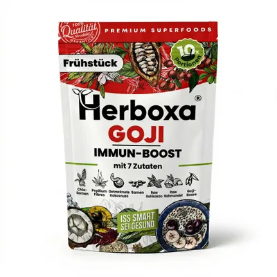 Produktbild von Herboxa Goji Imunboost Pulver Pflanzliche Superfood Frühstücksmischung mit Chiasamen Hanfsamen und Ballaststoffen - 10 Portionen