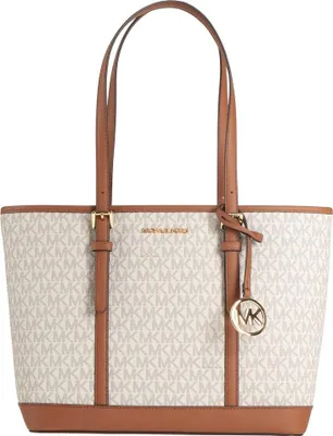 Produktbild von Michael Kors Jet Set Travel Large Zip Tote Vanilla Braun MK Monogramm Shopper Handtasche