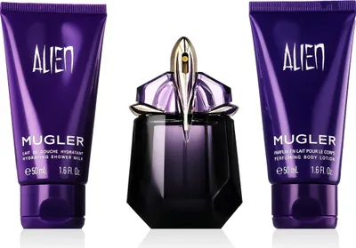 Produktbild von Mugler Alien Damenparfüm-Set, nachfüllbar, 30ml EDP, 50ml Duschgel, 50ml Körperlotion, orientalisch-holzig, Jasmin, holzige Noten, Amber.