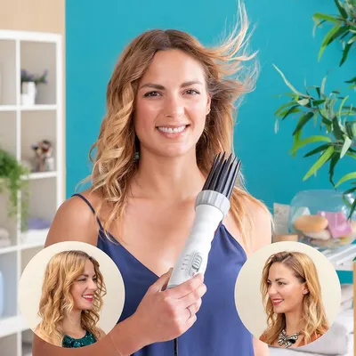 A woman holding a hair dryer with two inset images showing different hairstyles.