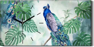 Produktbild von Dekor Leinwand Uhr Wandbilder 60x30 Malerei Zweig Monstera Blätter Vogel Pfau - schwarze Hände
