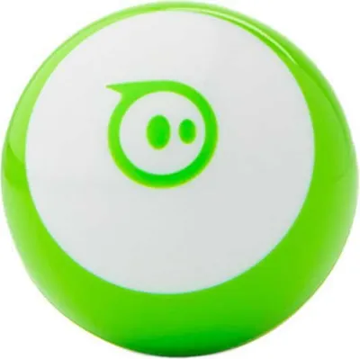 A Sphero mini robot ball with a green outer shell and a white circular face with a green robot-like icon.