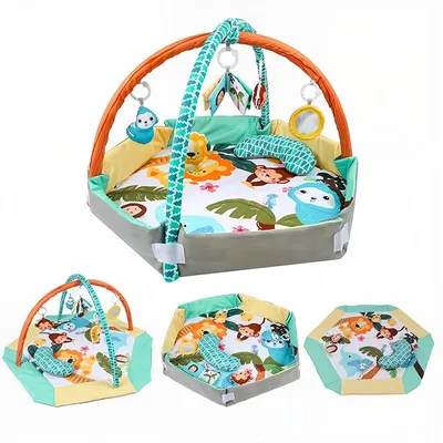 Produktbild von Hexagon Babygym Spielmatte mit Bällebad, Sensorik-Spielzeug, Kissen, Waldtiere-Motiv, Krabbelmatte Lernspielzeug Spieldecke für Babys, faltbar, Grün