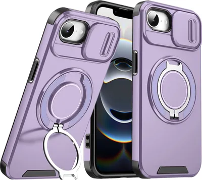 Obrázek produktu pro Dvouvrstvé pouzdro pro iPhone 16e/iPhone 17e, s posuvným krytem fotoaparátu a magnetickým kroužkovým stojánkem Fialová