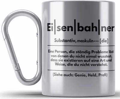 Produktbild von Trendation - Eisenbahner Geschenk Modelleisenbahn Geschenk Edelstahl Tasse Karabiner Dampflok Spruch Mönner Geschenkdidee (Silber)