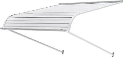 A white awning with gray stripes, mounted on a white background.
