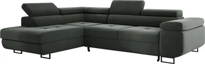 A dark gray sectional sofa is shown against a white background.