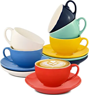 Produktbild von 6er Cappuccino Tassen Set mit Untertassen - Keramik Bunt - Geschenkbox - Hält Lange warm - 180ml