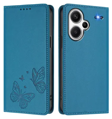 Produktbild von Lederhülle für Xiaomi Redmi Note 13 Pro+, Schmetterling Prägung Leder Brieftasche Schutzhülle mit Ständer Blau