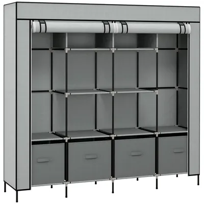 Image de Armoire en tissu avec 2 tringles, 10 étagères et 4 tiroirs, 166 x 42,5 x 169,5 cm, gris - housse en non-tissé avec fermeture à glissière - structure en acier thermolaqué - capacité de charge maximale de 50 kg
