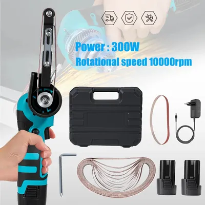 Produktbild von Elektrischer Mini-Bandschleifer - Handgeführtes Schleif- und Poliergerät - Akkubetrieben - 300 W - 10.000 U/min - 15 Schleifbänder - Blau