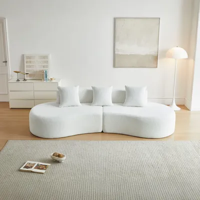 Produktbild von Bouclé Ecksofa, 3-Sitzer, geschwungene Form, Kompressionssofa, Weiß