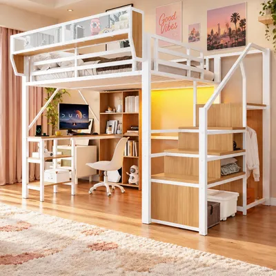 Obrázek produktu pro Postel do výšky 140x200 cm se schodištěm s úložným prostorem, psacím stolem, knihovnou, LED osvětlením a zásuvkou, kovová postel s roštovou konstrukcí, policí a ochranou proti vypadnutí, bílá barva