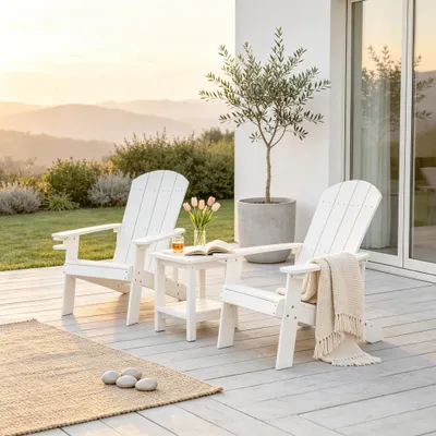 Produktbild von Williamspace Allwetter-Adirondack-Stuhl mit integriertem Getränkehalter und Ablagefach aus High-Impact-Polystyrol, wetterfest und pflegeleicht