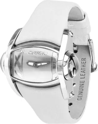 A close-up, angled view of a white leather ladies' watch with a silver-toned case and buckle.
