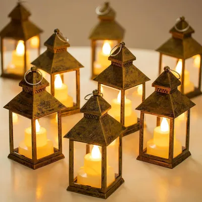 Produktbild von LED Laternen Set 10 Stück Gold Mini Metall zum Aufhängen Tischdeko Weihnachten Ramadan Garten Balkon 15cm