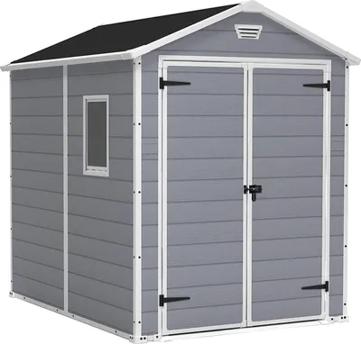 A grey plastic garden shed with a black roof and double doors, shown from the front.