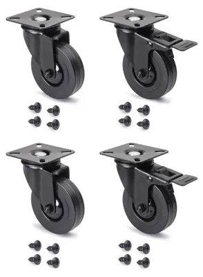 Zdjęcie produktu dla Emuca Pakiet 4 kółek Black z płytą montażową, średnica 75 mm, Plastik i Stal, Czarny