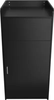 Image de Poubelle en bois avec plateau, noir, pour usage professionnel : restauration, restaurants, snack-bars, cafés. Corps de poubelle avec porte battante, en mélaminé-MDF, capacité 100 L, et 3 autocollants en vinyle
