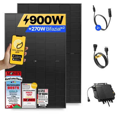 Produktbild von Balkonkraftwerk 900W Solaranlage Steckerfertig Komplettset Photovoltaik Anlage 800W, Kabellänge: 5m, Solakon - onLite