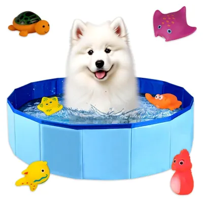 Produktbild von Katzenpool, 50 × 10 cm Hundepool klein, faltbar, mit Wasserspielzeug, blau, Planschbecken für Katzen, zum Baden von kleinen Hunden und Katzen