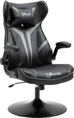 A black and gray gaming chair is shown against a white background.
