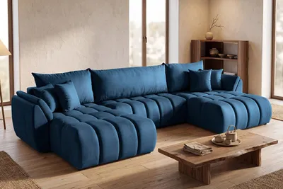 Produktbild von Ecksofa 382x184 cm mit Schlaffunktion & Bettkasten – Dunkelblau Samt – U-Sofa, Schlafsofa mit Liegefläche 330x149 cm, inkl. 3 Rückenkissen & 4 Dekokissen