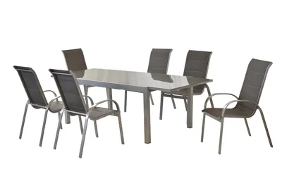 Produktbild von Merxx Gartenmöbelset Amaro 7tlg., 6 Stapelsessel, gepolstert, Semi Ausziehtisch 200 (300) x 100 cm - Aluminium/Textil