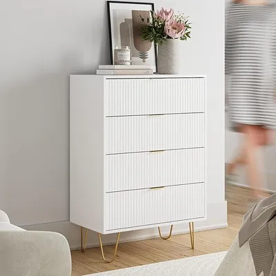 Image de Commode blanche, meuble de rangement avec 4 tiroirs, dimensions 34x60x91 cm, commode en bois avec pieds dorés, meuble d'appoint moderne de style bohème pour chambre, couloir ou salon, couleur blanche