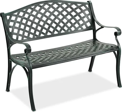 Obrázok produktu pre Záhradná lavica Relaxdays, 2-miestna, VxŠxH: 82 x 102 x 60 cm, liate hliníkové, lavica v antickom štýle, terasa, balkón, čierna/zelená