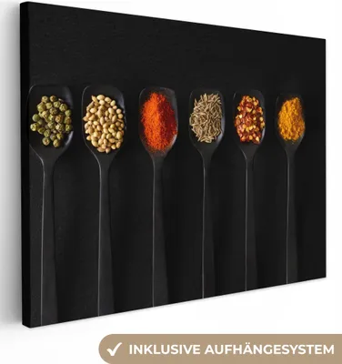 Produktbild von MuchoWow® - Leinwandbilder - Löffel - Gewürze - Schwarz - Gewürze - Rustikal, Wandbild, Wanddeko Bilder Wohnzimmer, 80x60 cm