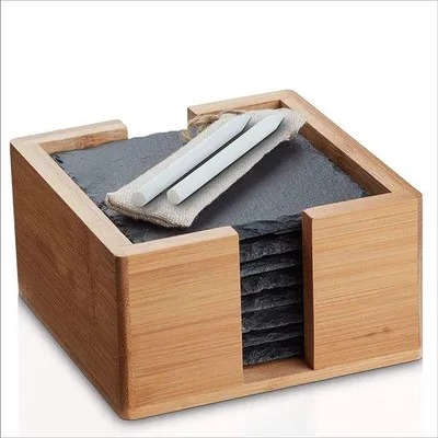 Produktbild von Unyqoos® Schiefer-Untersetzer 8er-Set, quadratisch 10 x 10 cm, beschriftbar, mit Halter, schwarz