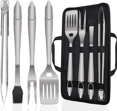 Immagine prodotto di Set da barbecue in acciaio inossidabile da 5 pezzi -  - Set da barbecue portatile - Regalo per uomini e donne - Accessori per barbecue