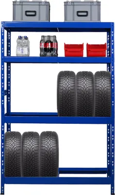 Produktbild von Reifenregal TIGER mit Fachböden | HxBxT 180x120x40cm | bis zu 12 Reifen auf 2 Ebenen + 2 Ablagen | Blau