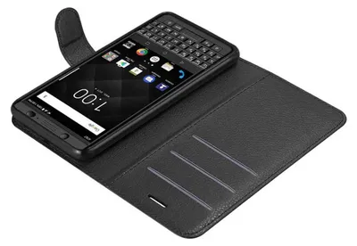 A black flip case for a smartphone is shown open, with the phone inside.