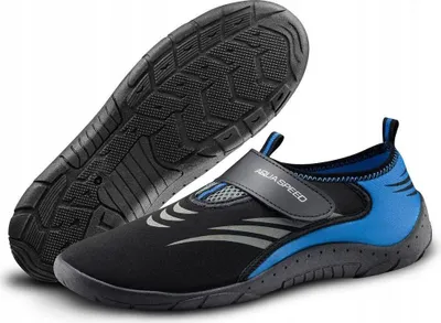 A pair of black and blue water shoes are shown against a white background. One shoe is shown from the side, and the other is shown from the sole.