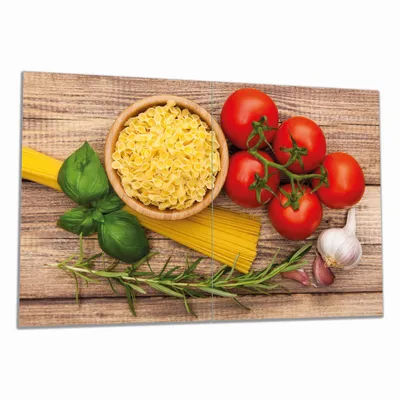 Produktbild von Wallario Herdabdeckplatte aus Glas, Größe 80 x 52 cm 2-teilig, Motiv Spaghetti mit Tomaten, Knoblauch und Basilikum