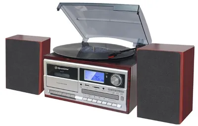 A vintage-style record player with speakers, cassette player, and CD player.
