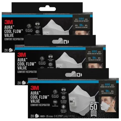 Produktbild von 3 x 2er-Packung 3M™ Aura™ Comfort Cool Flow™ Partikelmaske 9322+ FFP2 mit Ventil