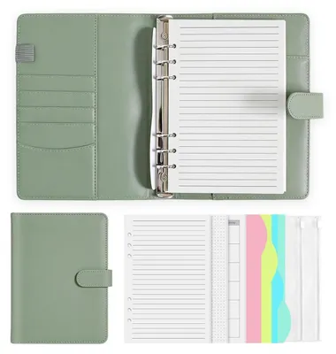 Immagine prodotto di Quaderno ad anelli A5, ricaricabile, in ecopelle verde, con 165 fogli, divisori e tasche